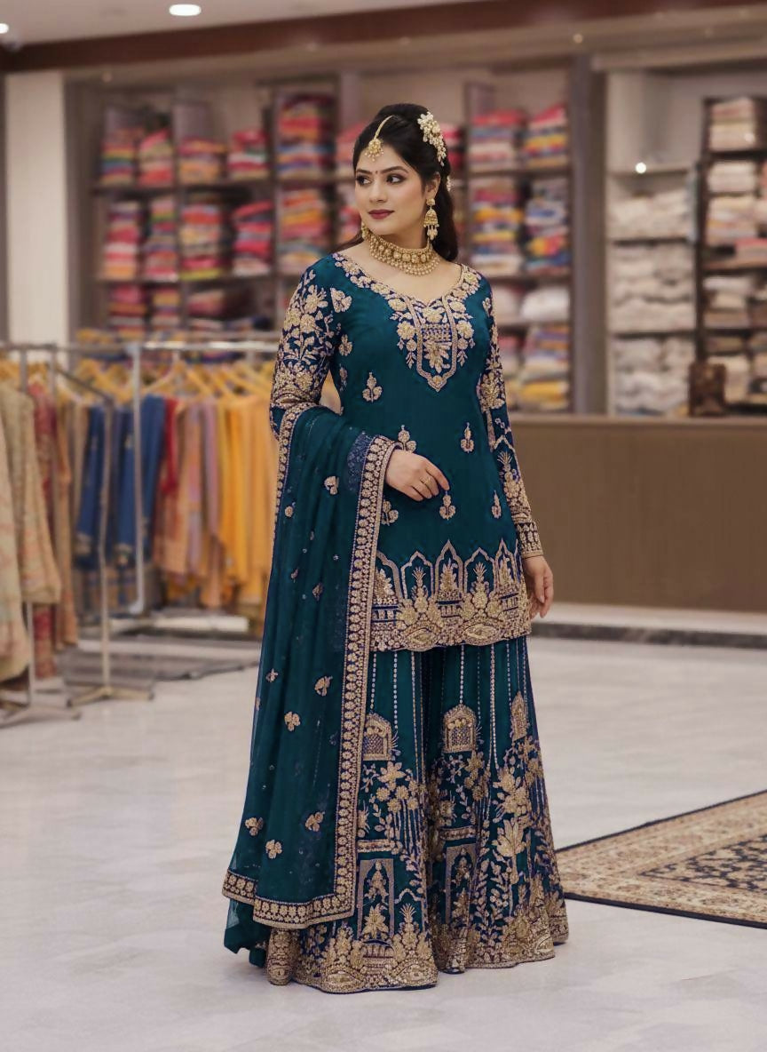 Designer Kurti Flared Plazzo & Dupatta Set