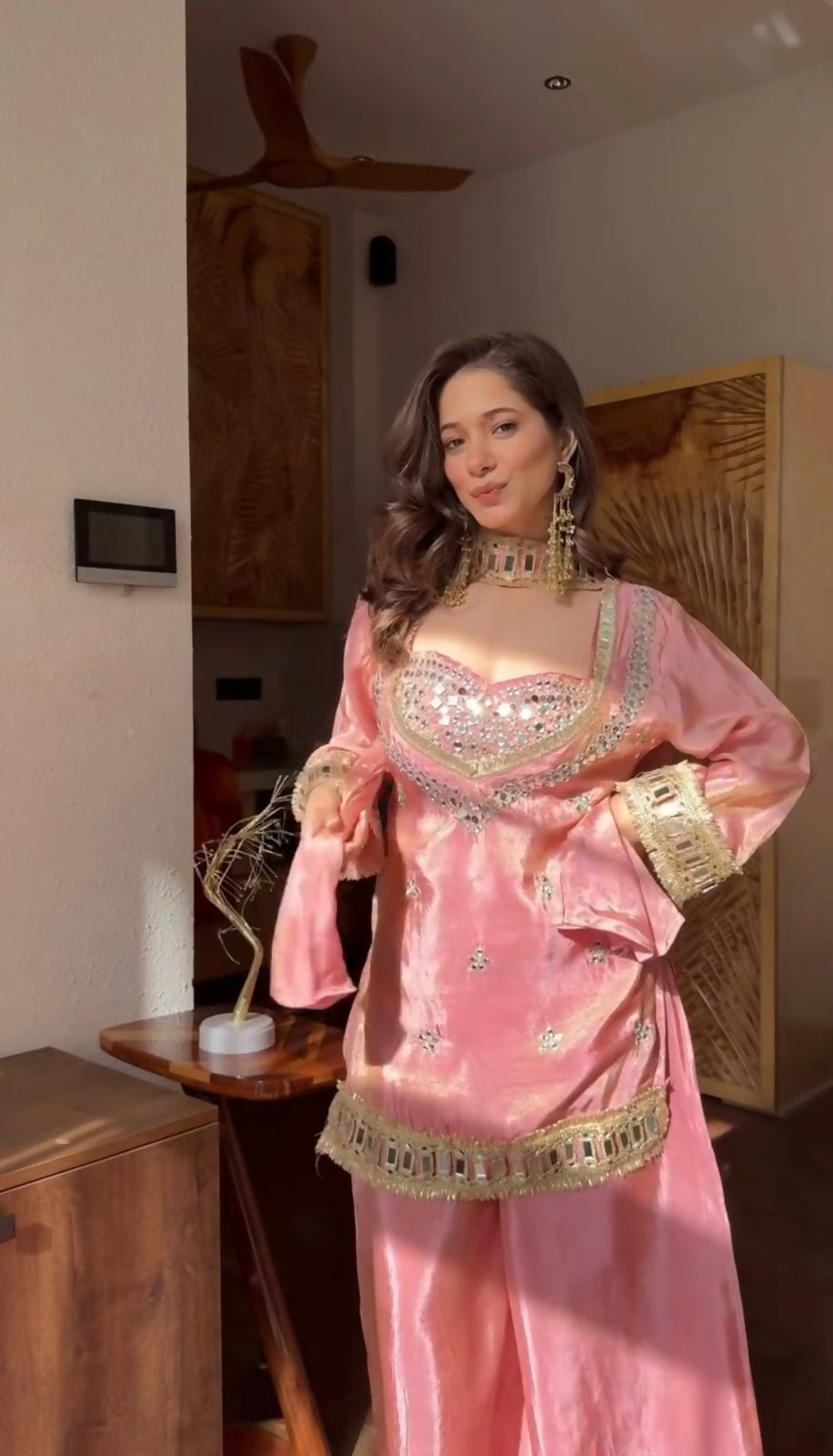 Women’s Fendy Silk Mirror Work Top, Sharara & Dupatta Set