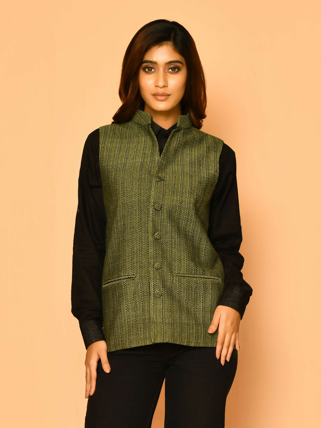 Olive Green Handloom Cotton Nehru Jacket for Women