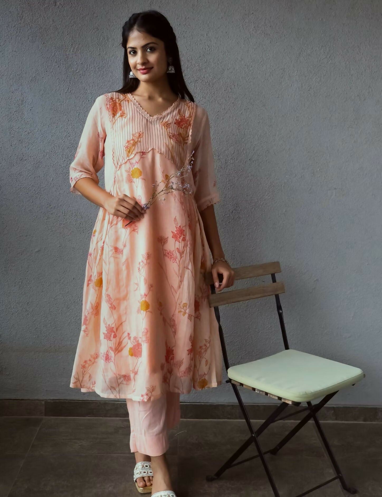 Peach Printed Embroidered Dress