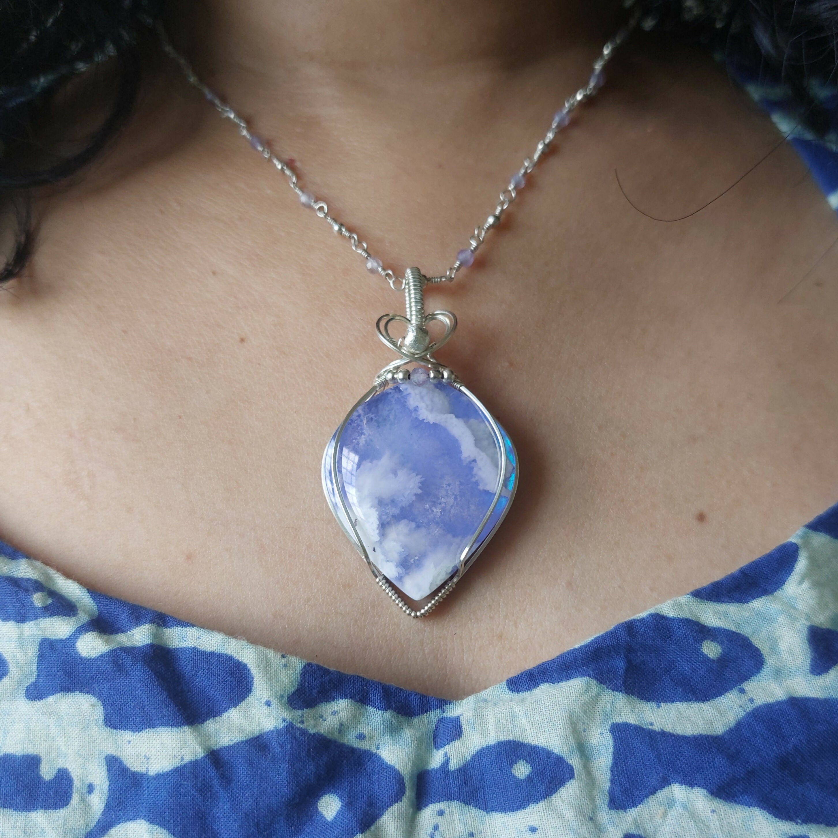 Amethyst sterling silver wire wrapped handmade beaded chain