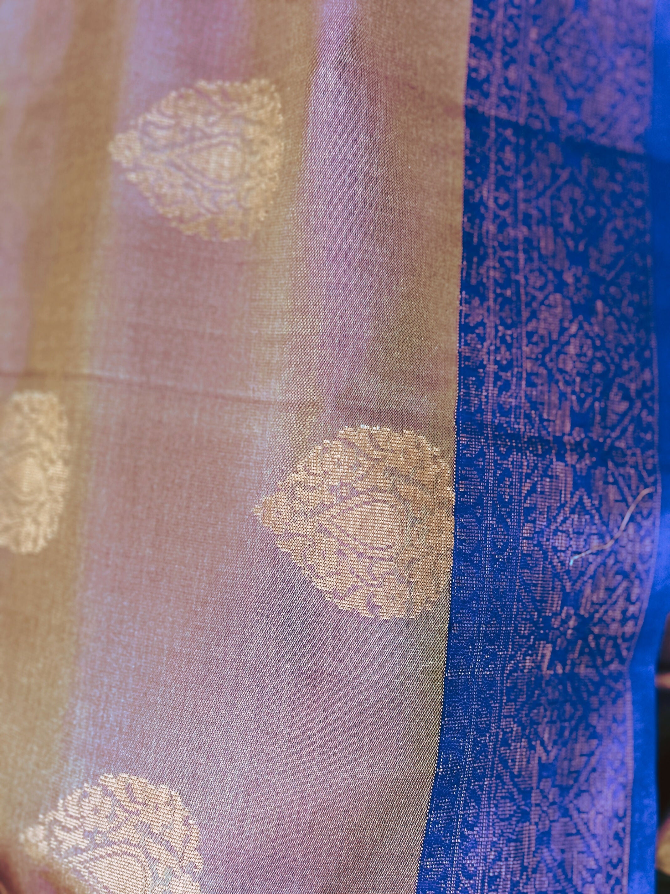 Vaidehi – Royal Blue Border Kanchi Silk Saree in Deep Beige