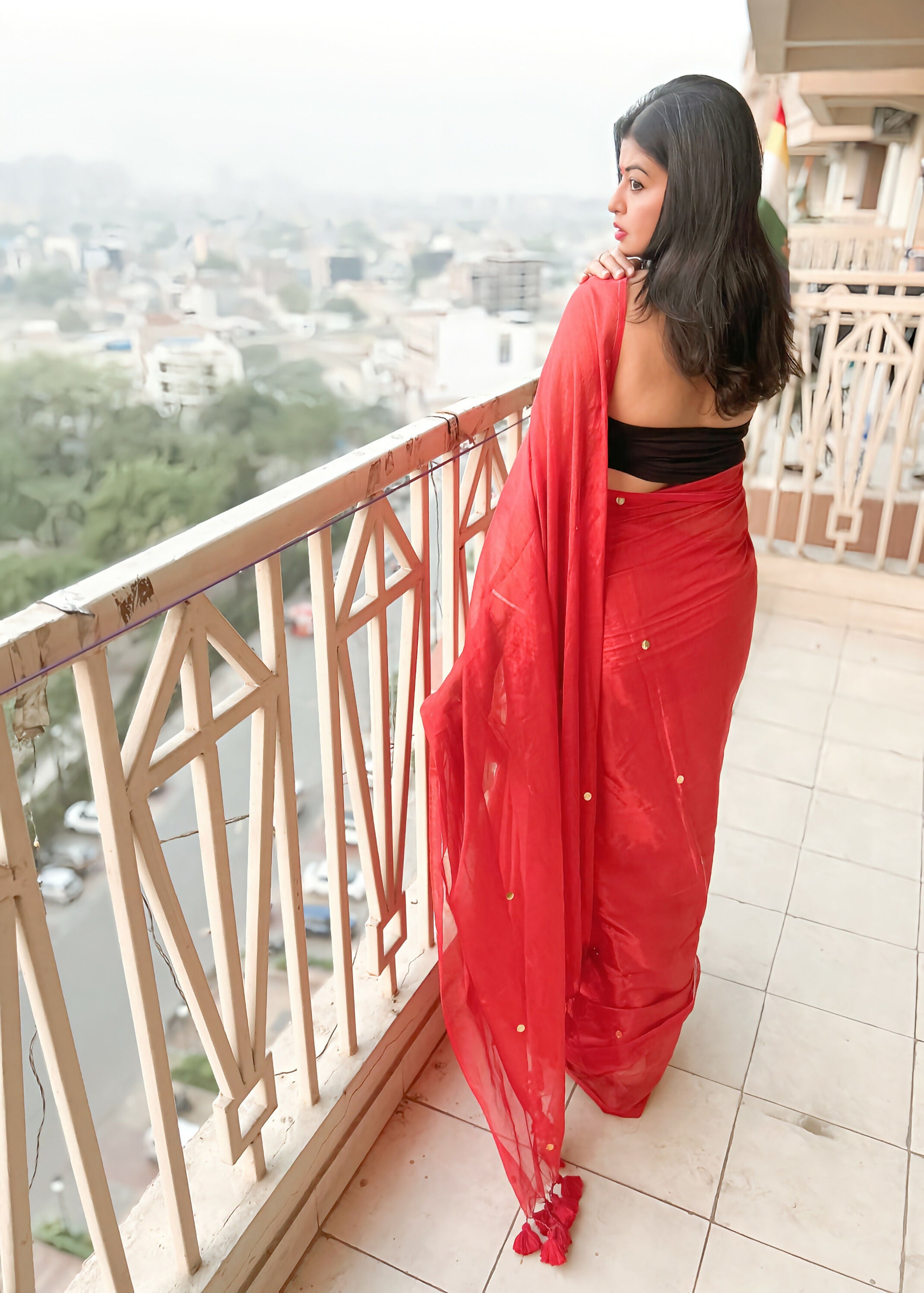 Gulnaar – Deep Red Soft Tissue Saree with Sitara Handwork