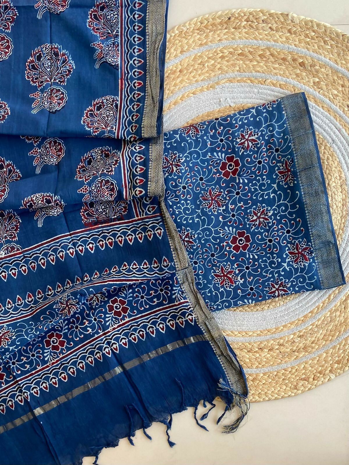 Ajrakh Mangalgiri Cotton Suit Fabric - Azure Blue Ajrakh Cotton Suit Fabric India