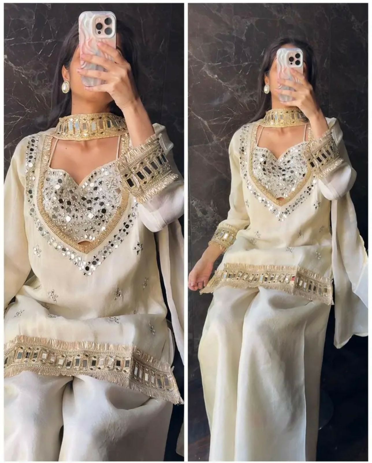 Women’s Fendy Silk Mirror Work Top, Sharara & Dupatta Set