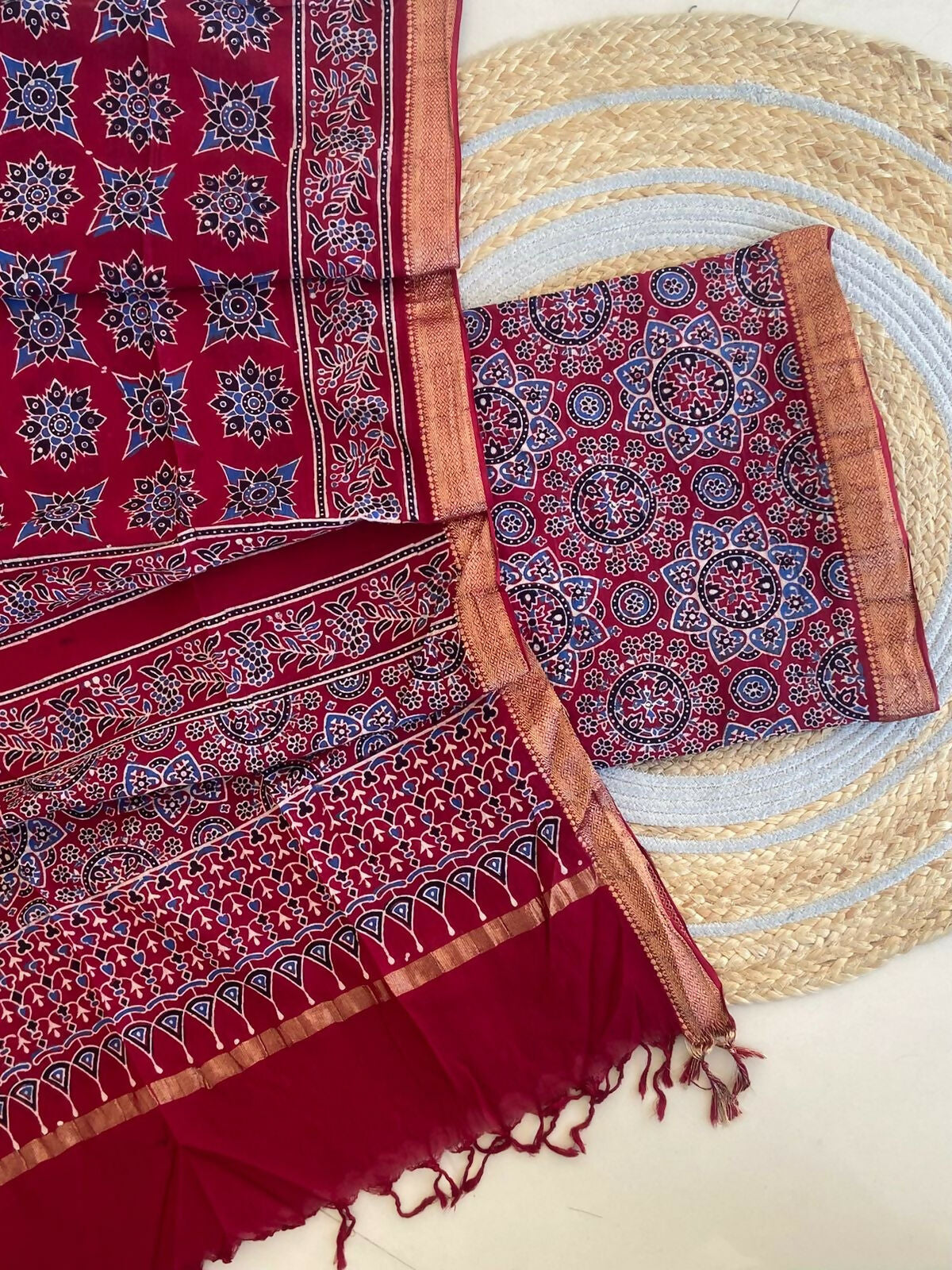 Ajrakh Mangalgiri Cotton Suit Fabric - Copper Red Ajrakh Cotton Suit Fabric India