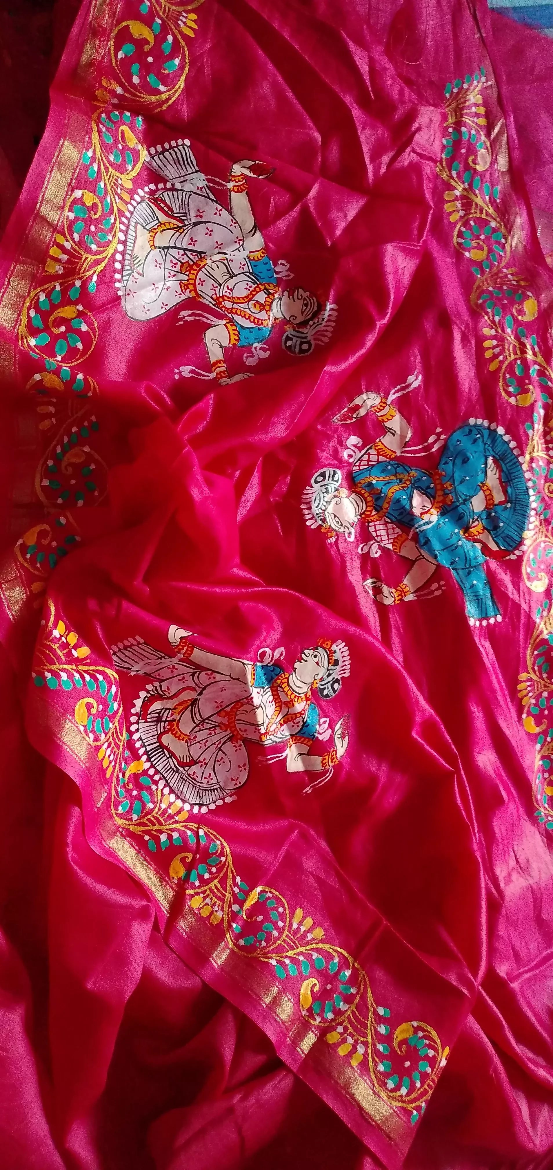 " MATHURA VIJAY YATRA " of SHRI KRISHNA in Handpainted Pattachitra Art on Tussar Modal Silk Saree.