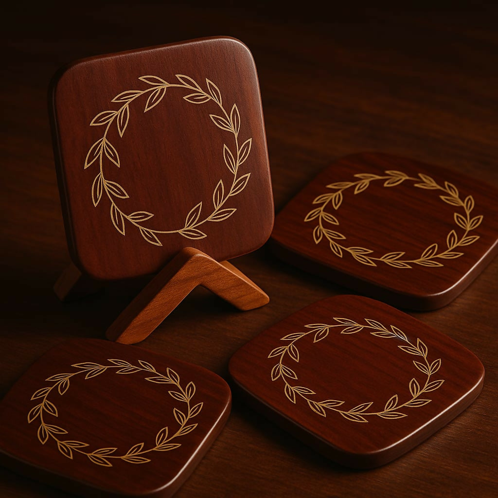 Leafy design tea Coaster Set of 5 with Stand