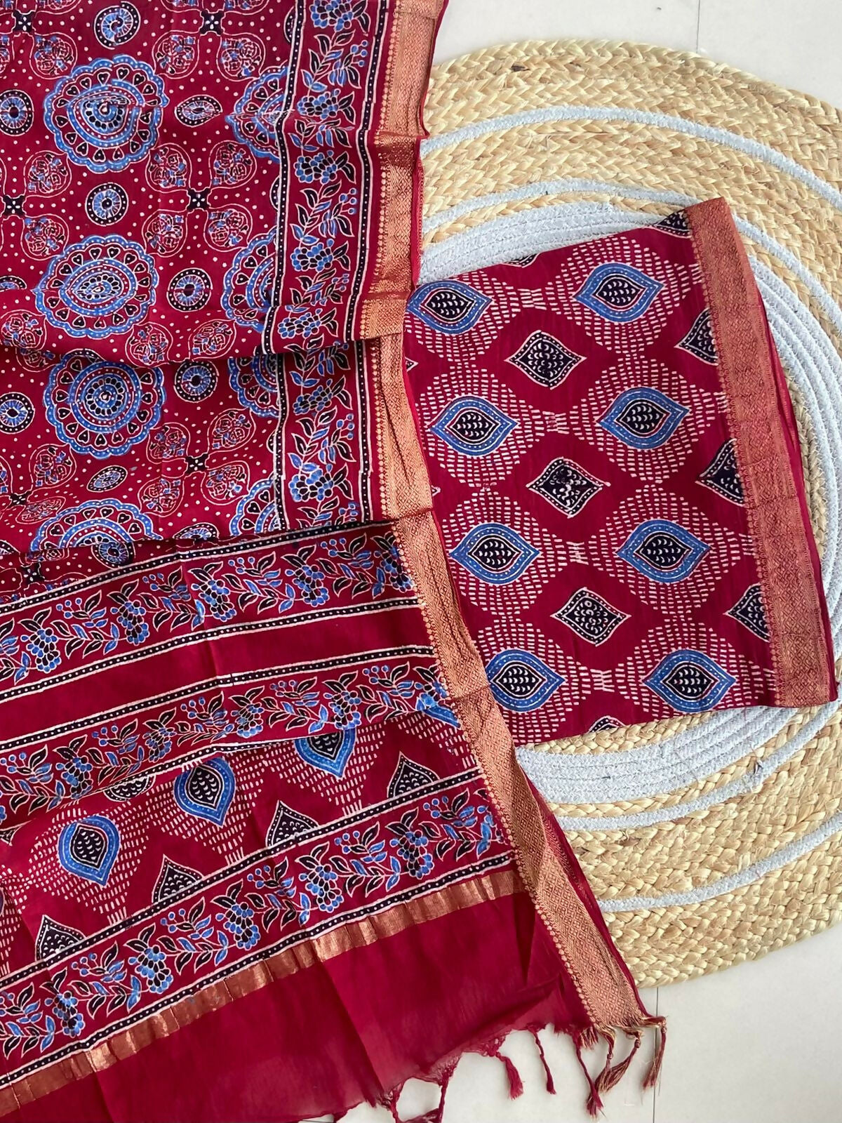 Ajrakh Mangalgiri Cotton Suit Fabric - Rust Blue Ajrakh Cotton Suit Fabric India