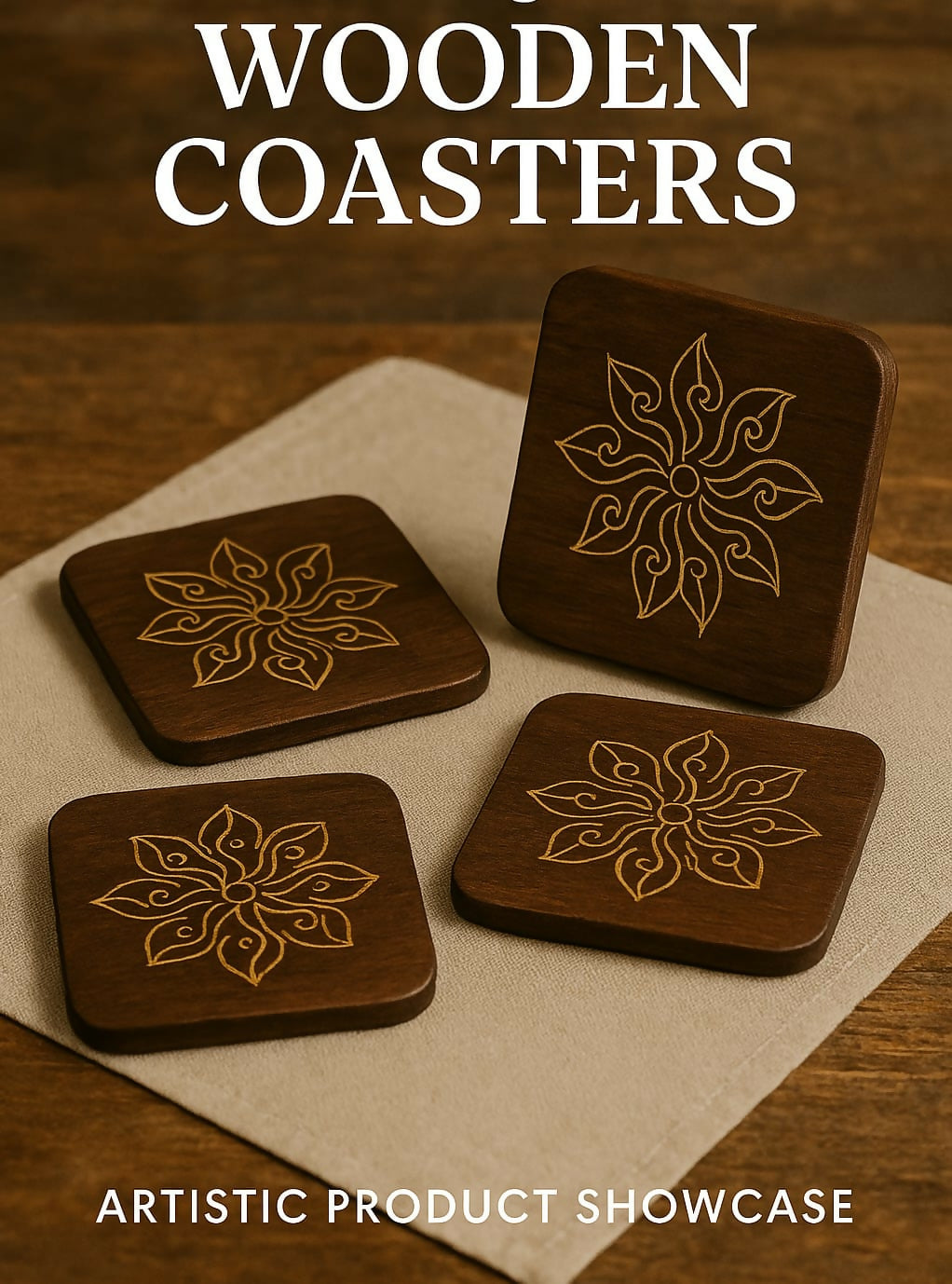 Engraved floral pattern Tea Coaster Set of 5 with Stand