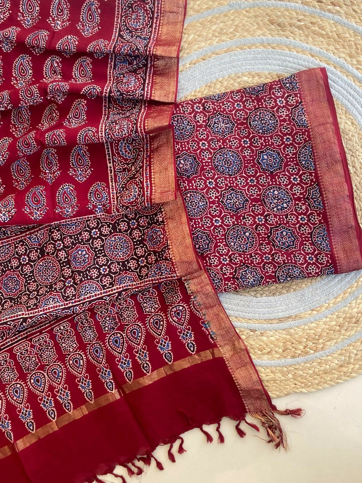 Ajrakh Mangalgiri Cotton Suit Fabric - Maroon Blue Ajrakh Cotton Suit Fabric India