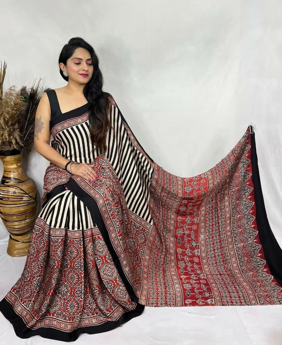 Modal Silk Ajrakh Saree – Black & Red Ajrakh Design