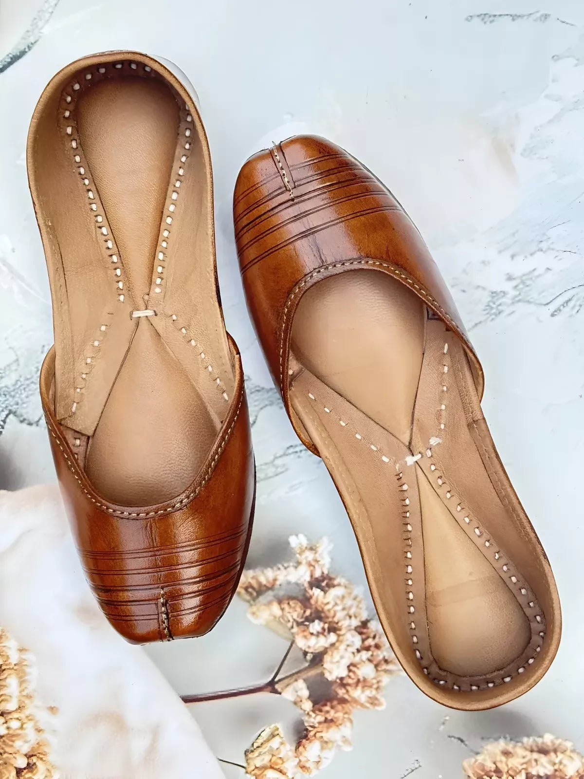 Brown Leather Handicrafted Self Design Jutti For Women