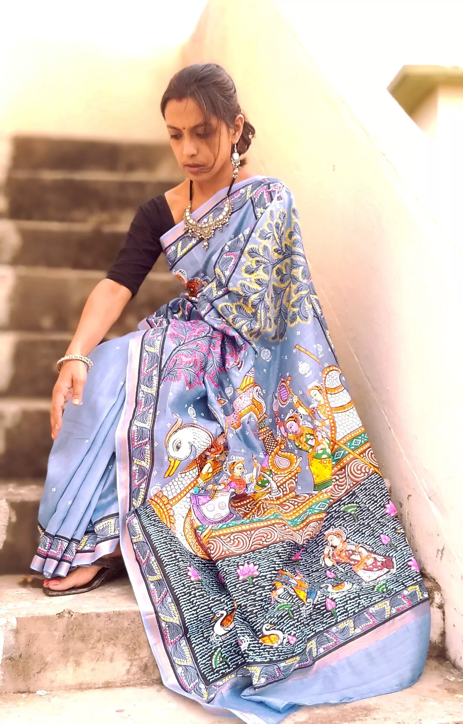 NAUKA RAAS VIHAAR THEME - Pattachitra Handpainted Pattachitra Silk Saree
