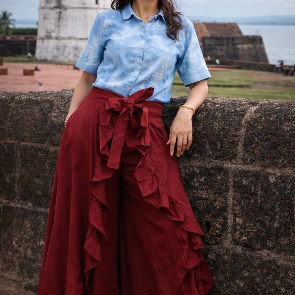 KALEIDOS - Rich Maroon Waist Tie-Up Ruffled Maxi Skirt with Attached Trousers.