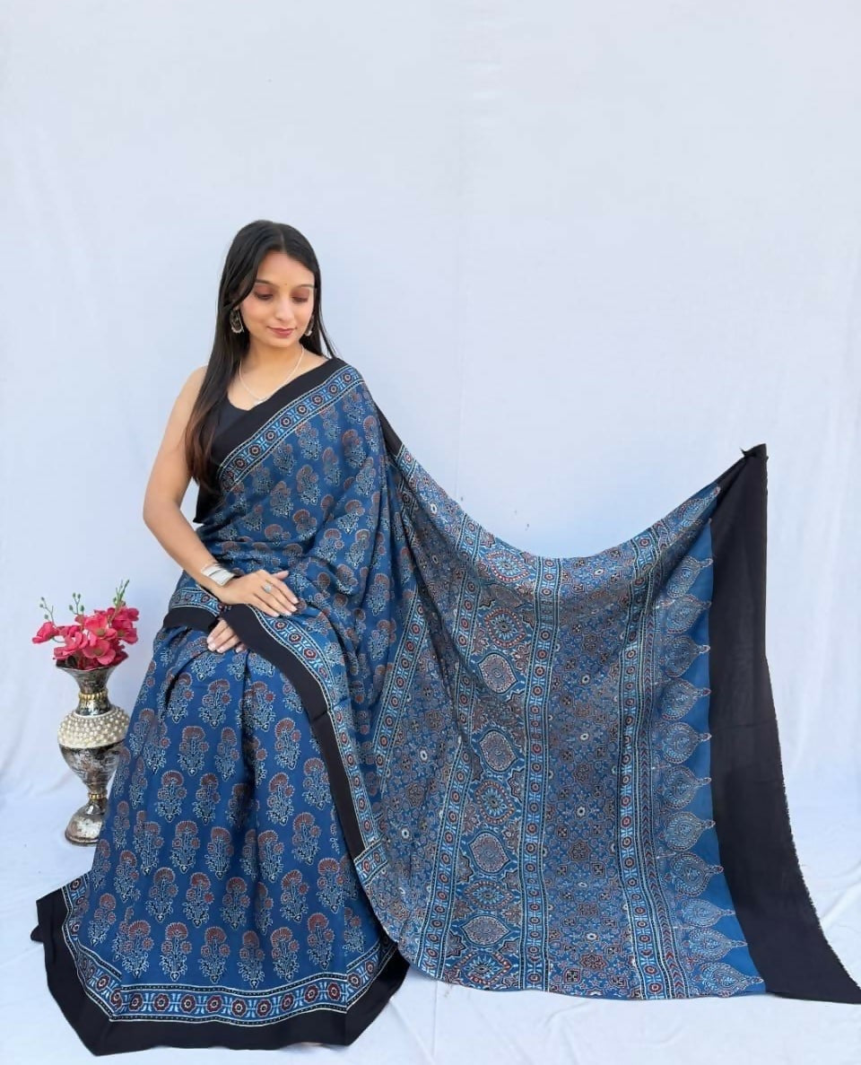 Modal Silk Ajrakh Saree – Blue & Black Ajrakh Print