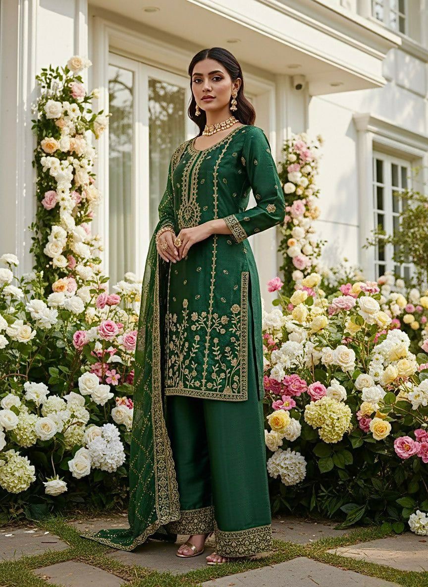 Premium GMY Silk Heavy Embroidered Kurta Palazzo Set with Dupatta