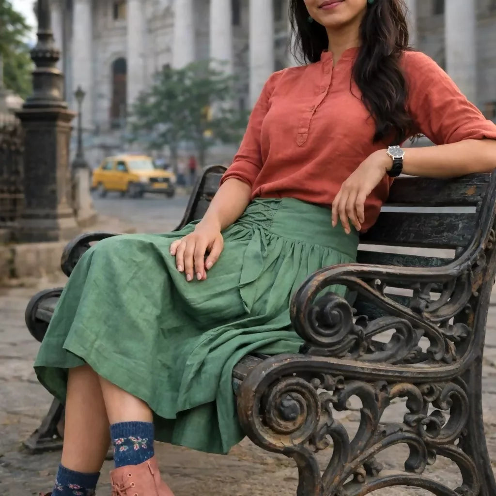 GREENVILLIE - Olive Green Cotton Linen Vintage theme Symmetric flared hem Skirt.