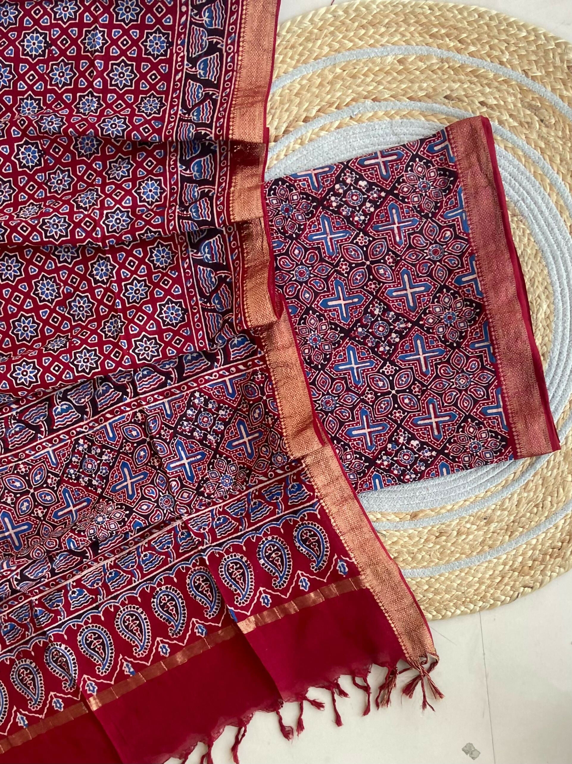Maroon Ajrakh Cotton Suit Fabric Online India
