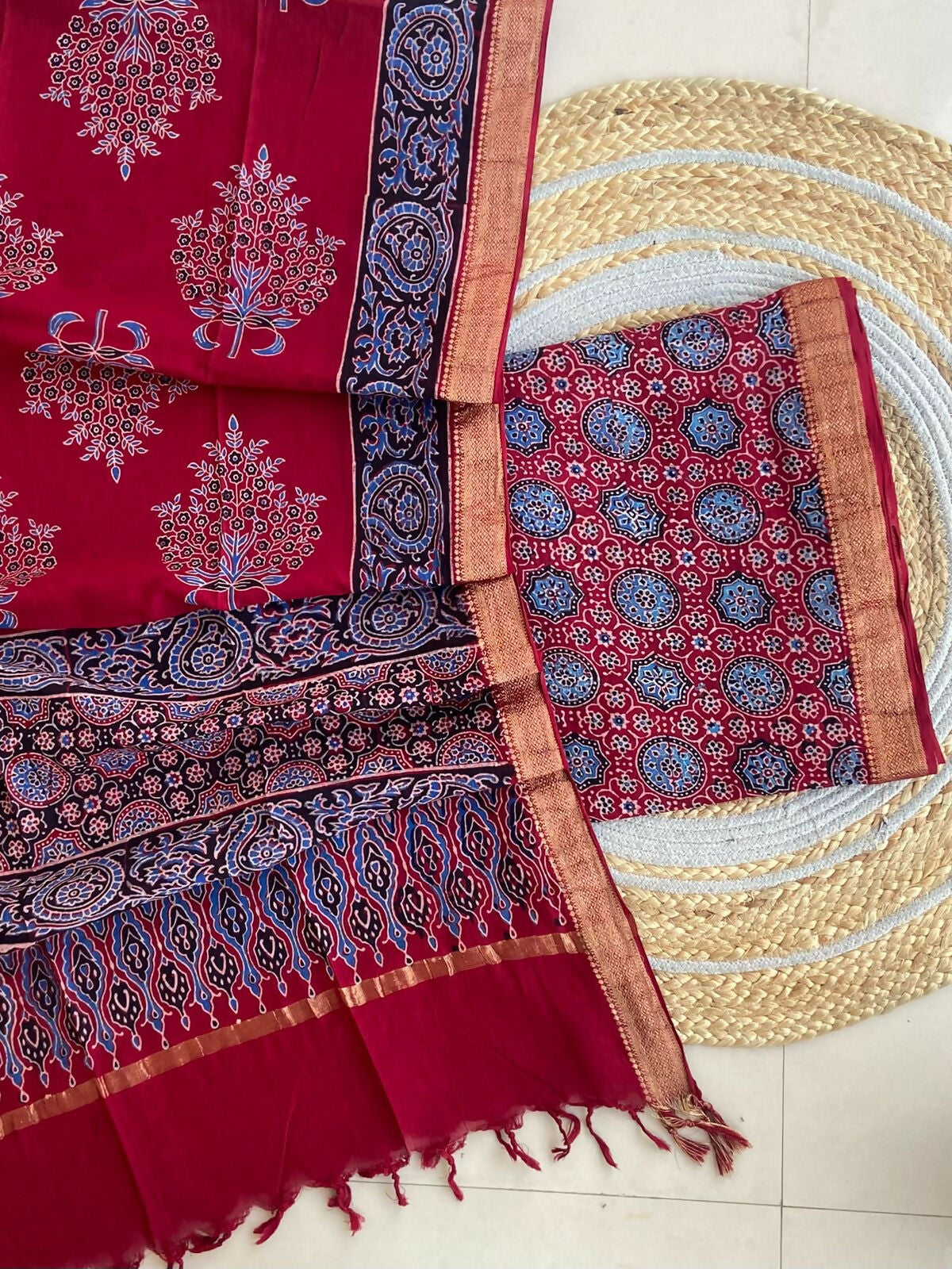 Ajrakh Mangalgiri Cotton Suit Fabric - Red Ajrakh Cotton Suit Fabric Online India