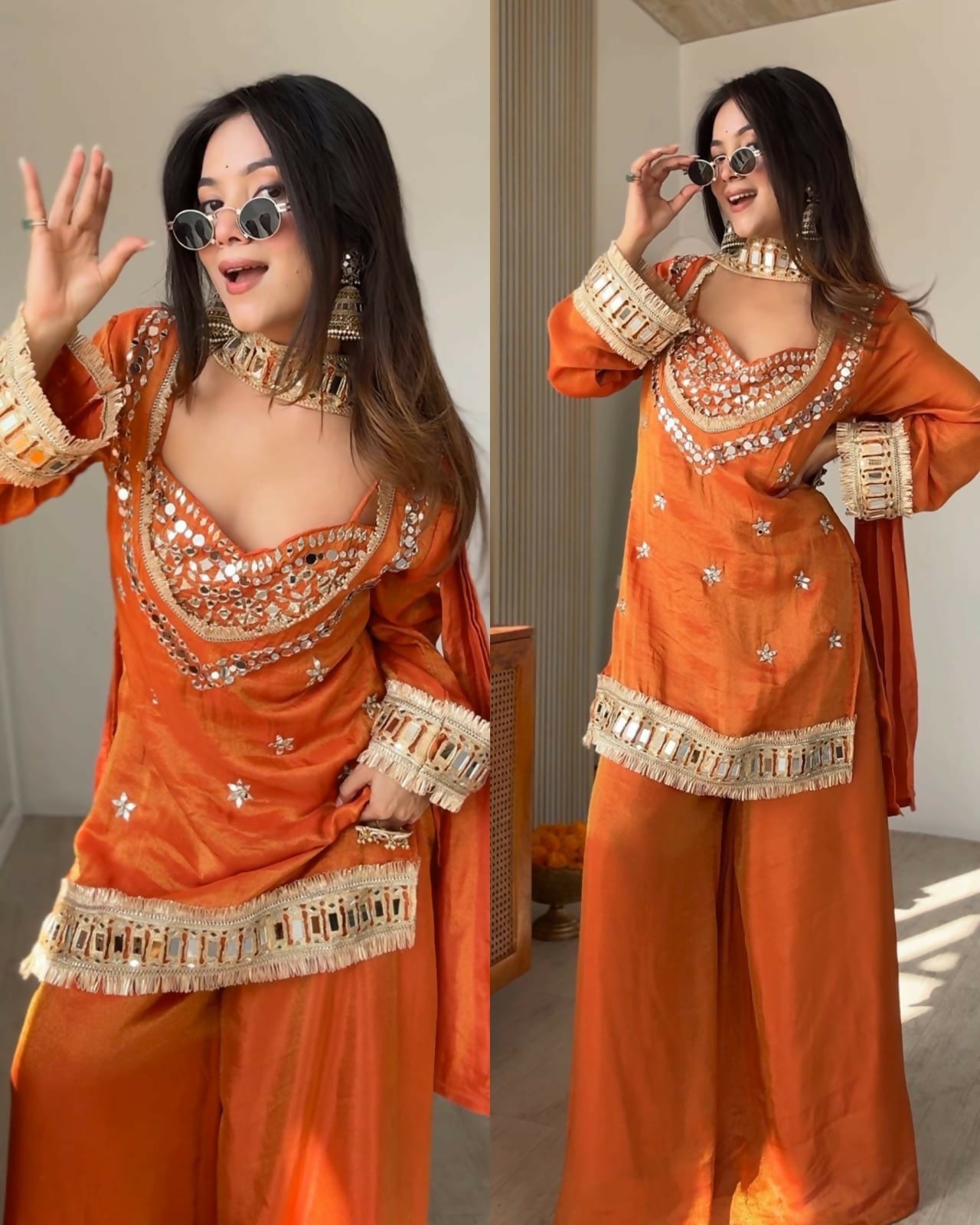 Women’s Fendy Silk Mirror Work Top, Sharara & Dupatta Set