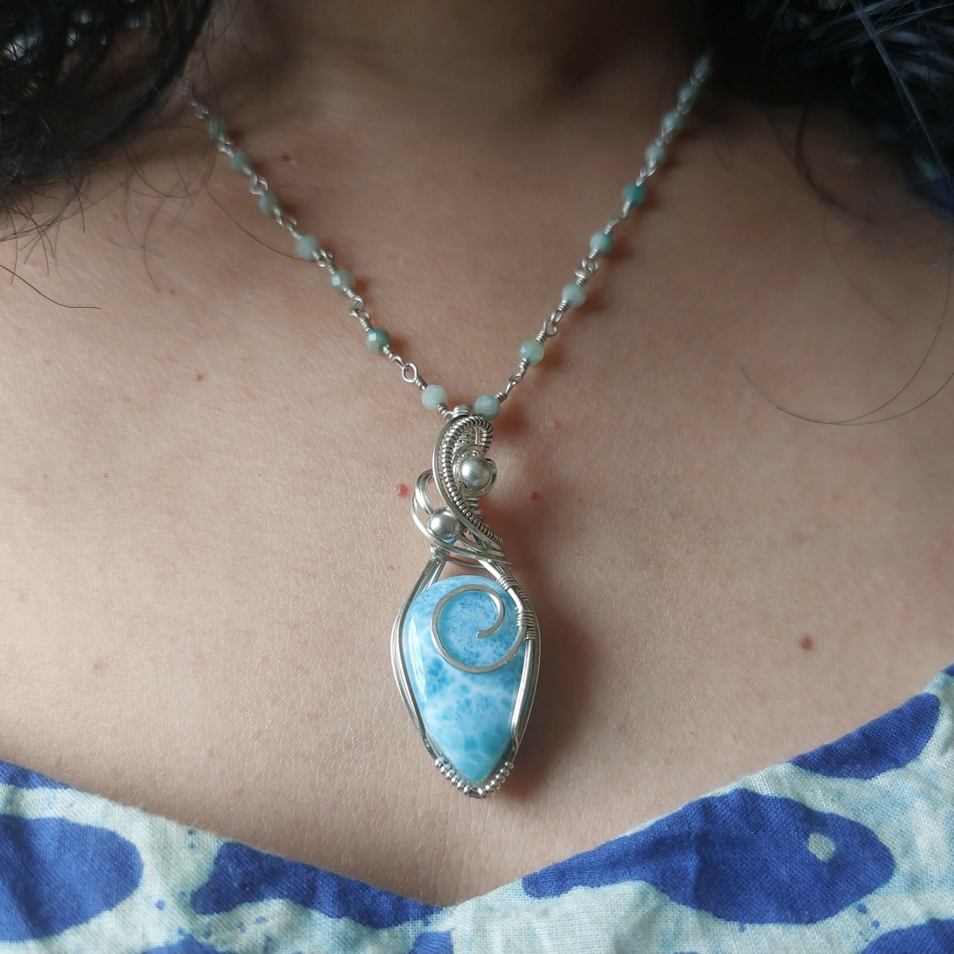 Larimar sterling silver wire wrapped handmade pendant