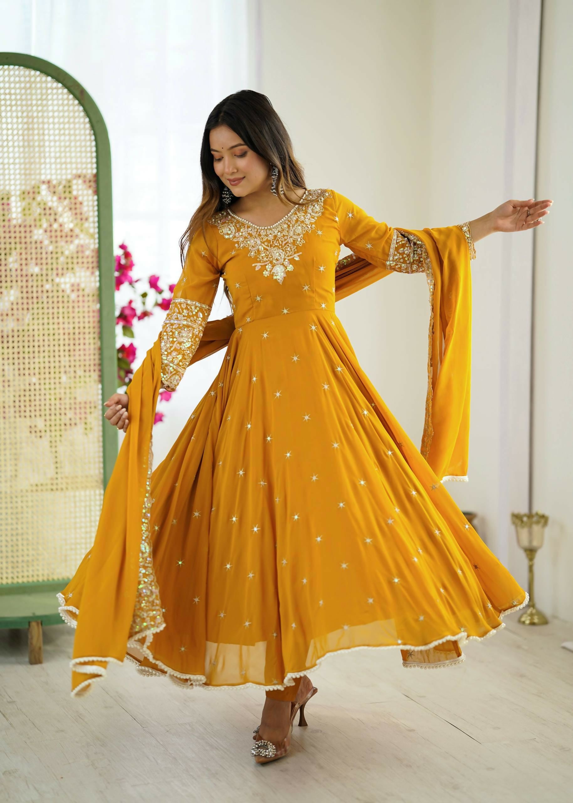 Elegant Embroidered Designer Anarkali Three Piece Set
