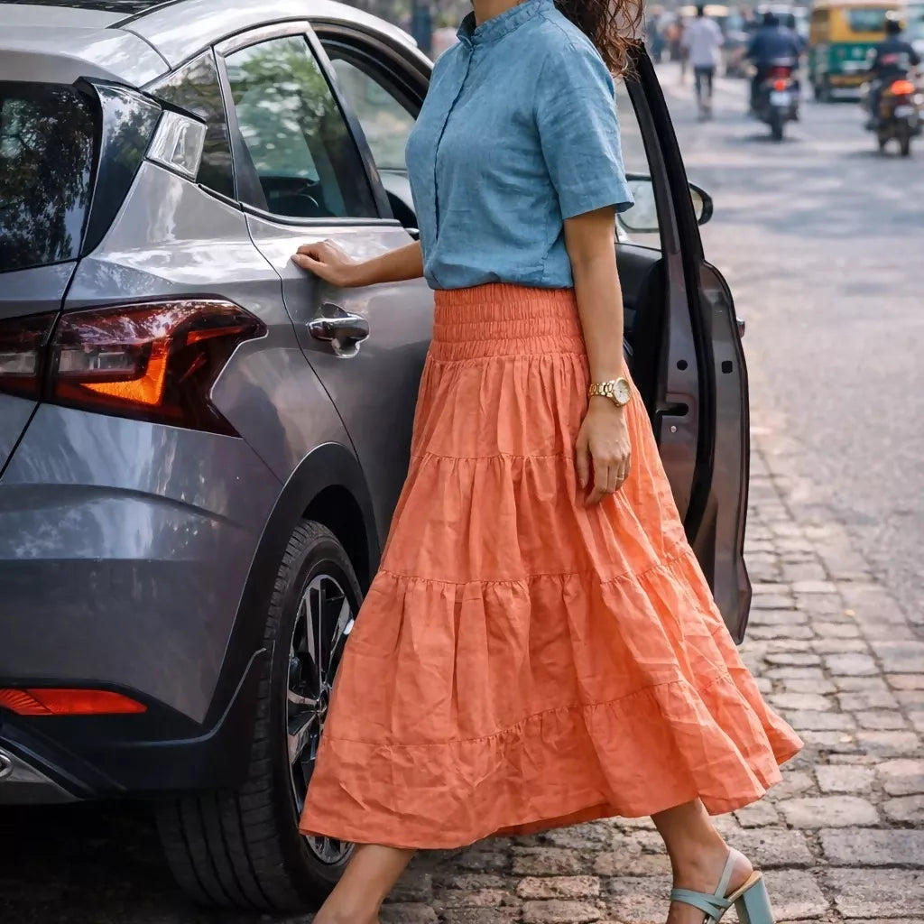 SAVANNAH - Pastel Orange Multi Tiered Cotton Ruffle Skirt - Full Circle Long Maxi Skirt.