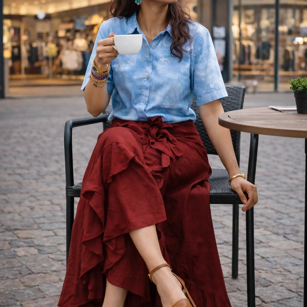 KALEIDOS - Rich Maroon Waist Tie-Up Ruffled Maxi Skirt with Attached Trousers.