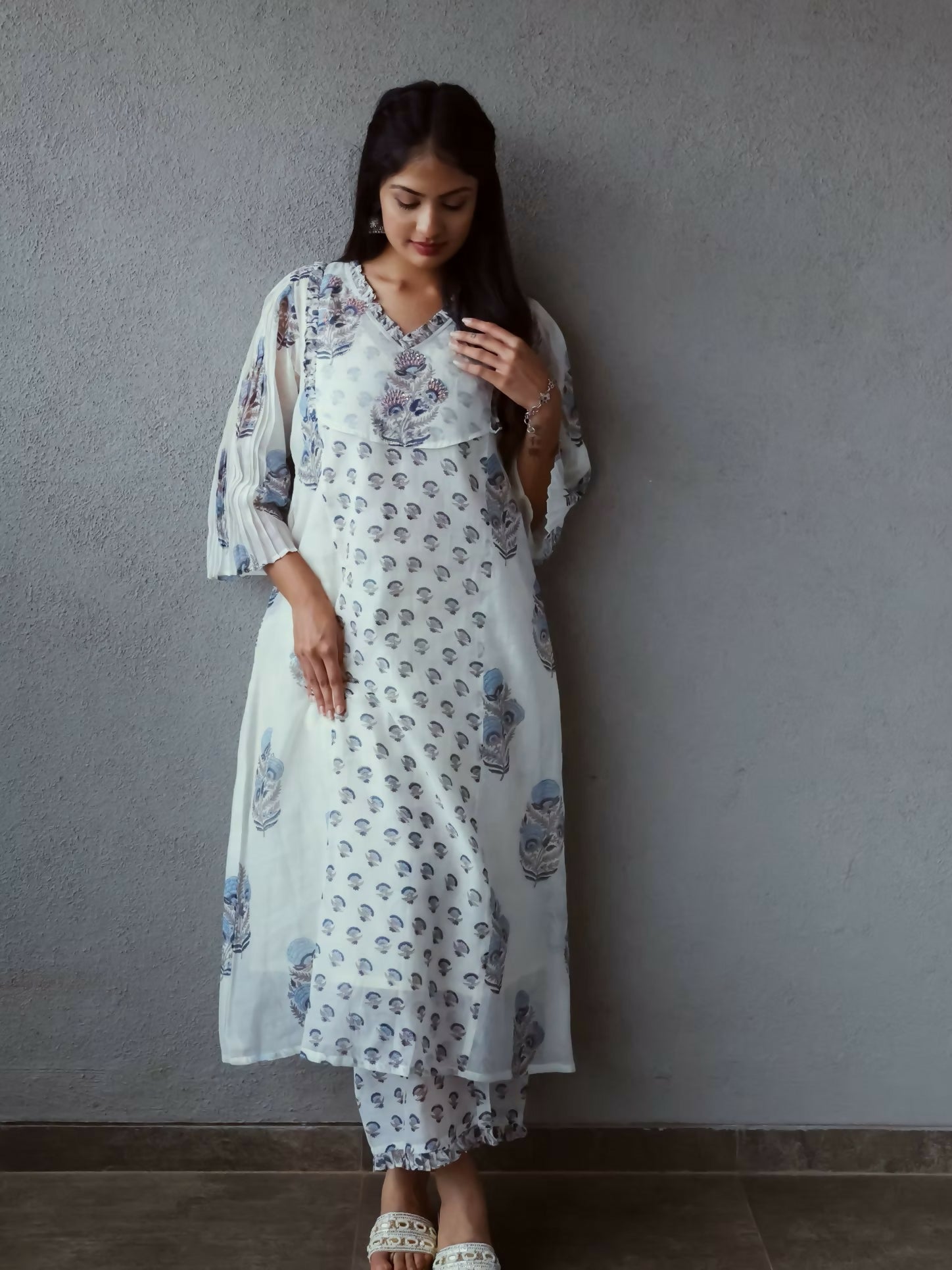 White & Blue Long Kurta Pant Set