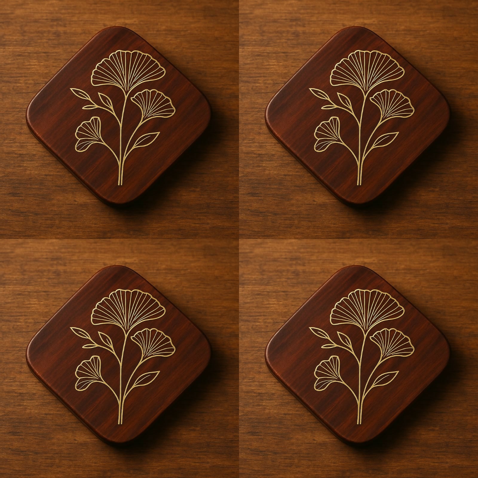 Flower design brown Tea Coaster Set of 5 with Stand