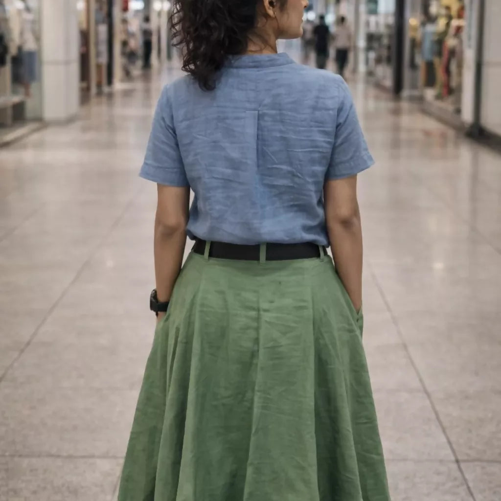 GREEN ALLEY - Olive Cotton Linen Symmetric flared hem Aline Waist Skirt.