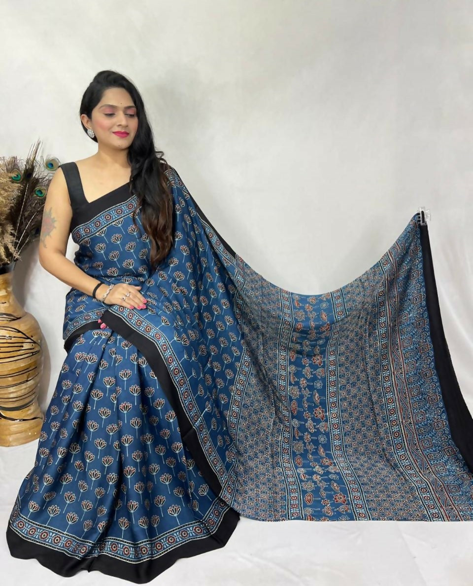 Modal Silk Ajrakh Saree – Blue & Gold Ajrakh Design
