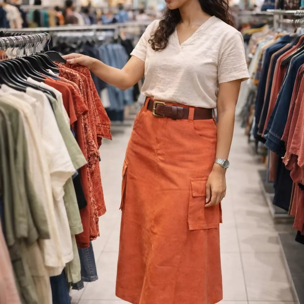 ORANGE GRUNGE - High Waist Bright Saffron Solid Tone Cargo Skirt in knee length .