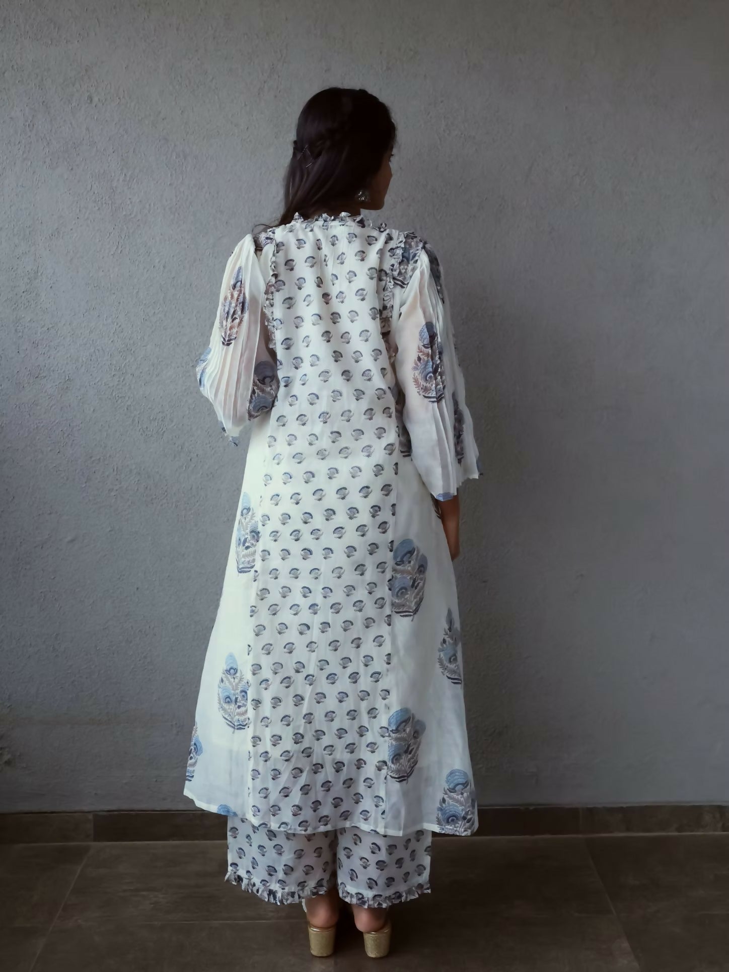 White & Blue Long Kurta Pant Set