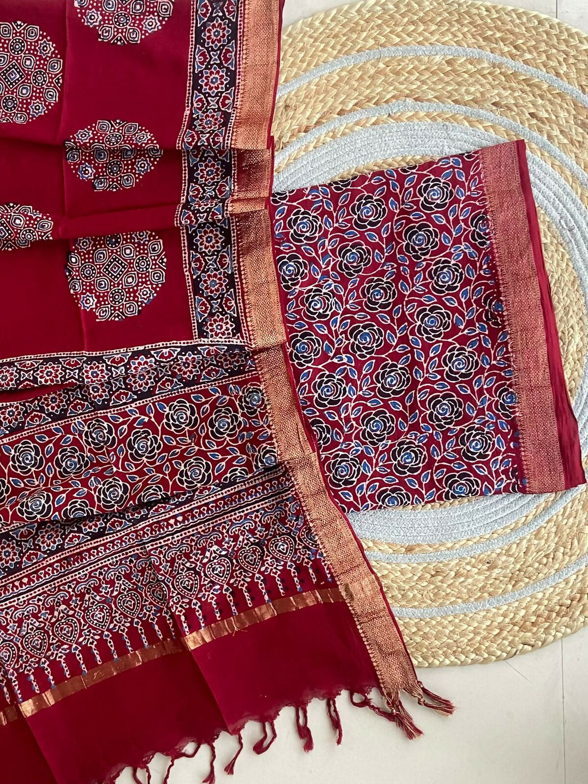 Ajrakh Mangalgiri Cotton Suit Fabric - Olive Ajrakh Cotton Suit Fabric India