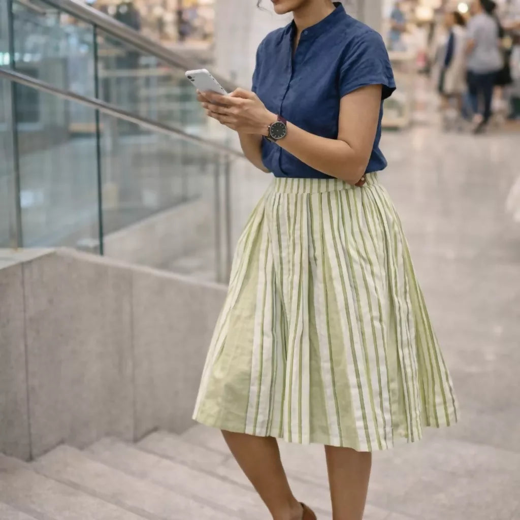 TEMPEST - Solid and Contrast Striped Pleated Summer Alpine Skirt .