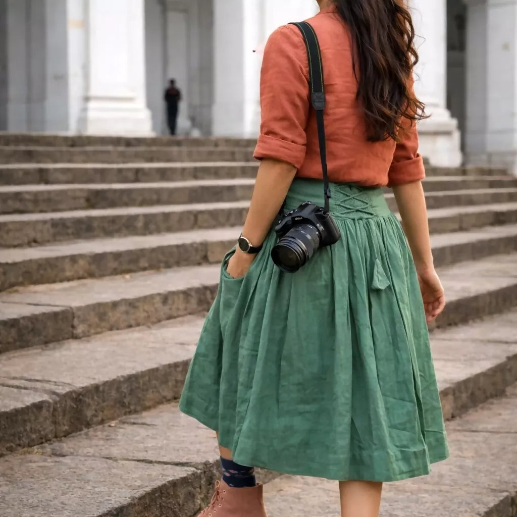 GREENVILLIE - Olive Green Cotton Linen Vintage theme Symmetric flared hem Skirt.