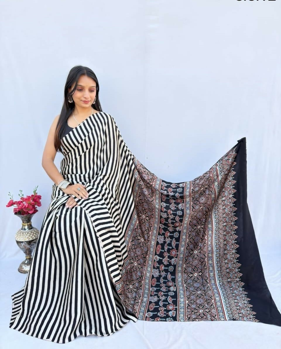 Modal Silk Ajrakh Saree – Black & White Striped Design