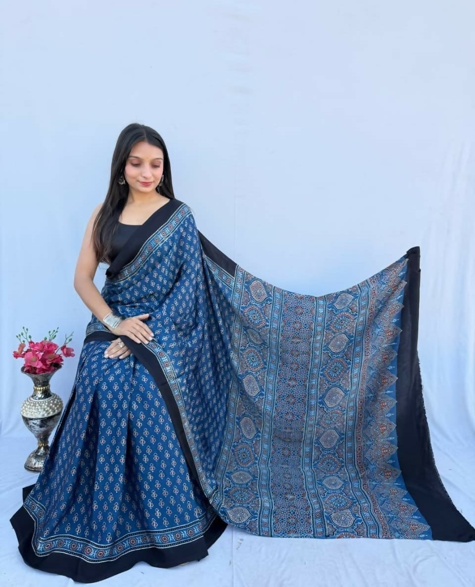 Modal Silk Ajrakh Saree – Sky Blue & Black Ajrakh Design