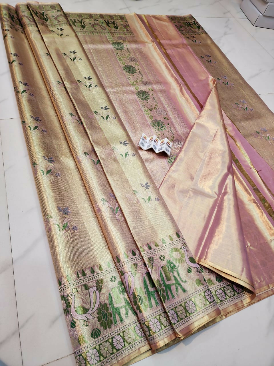 Petal Pink Kanchi - Pure Handloom Kanchi Pattu Tissue Sarees