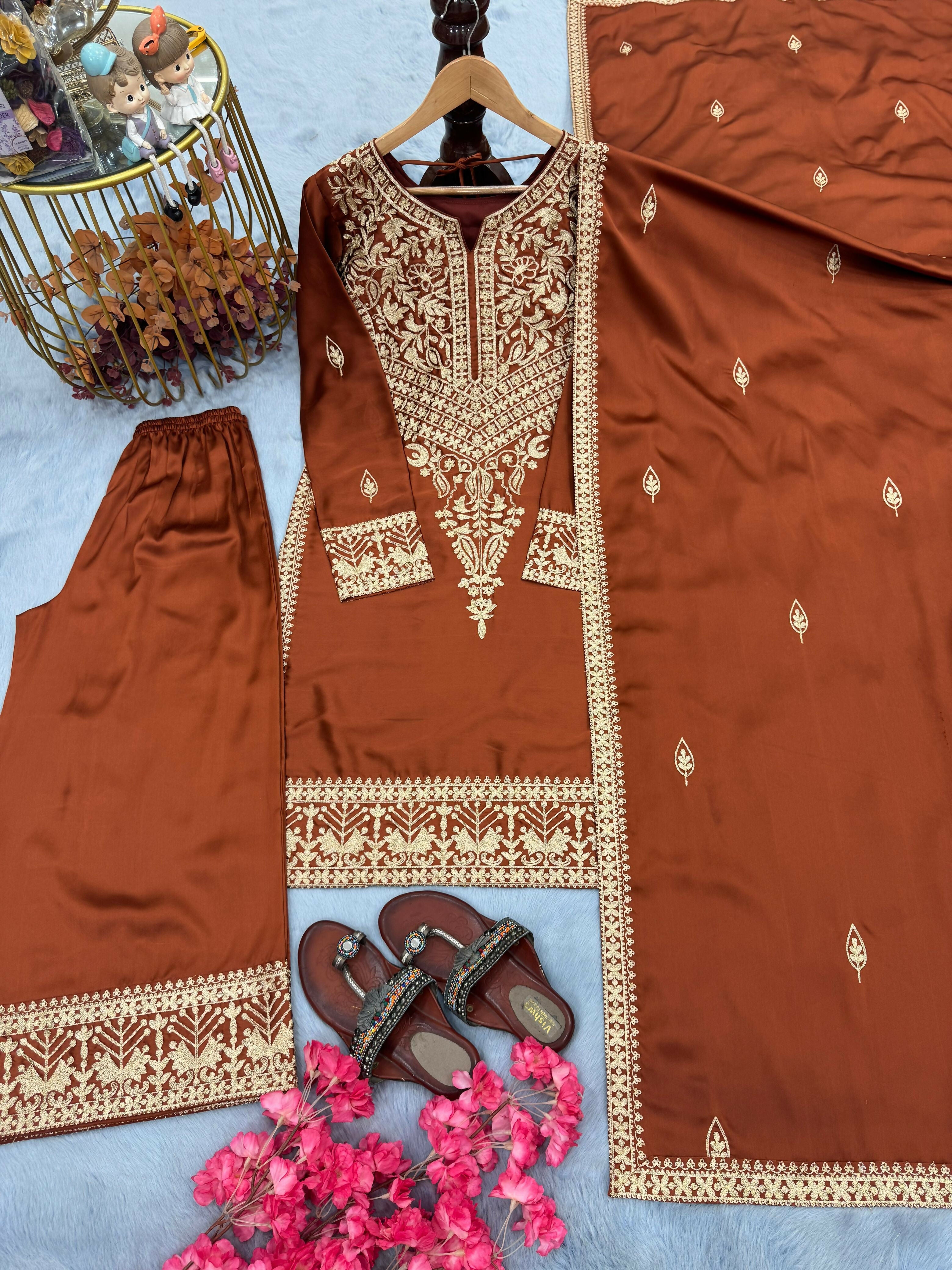 Designer Chinon Silk Top Palazzo & Dupatta Set