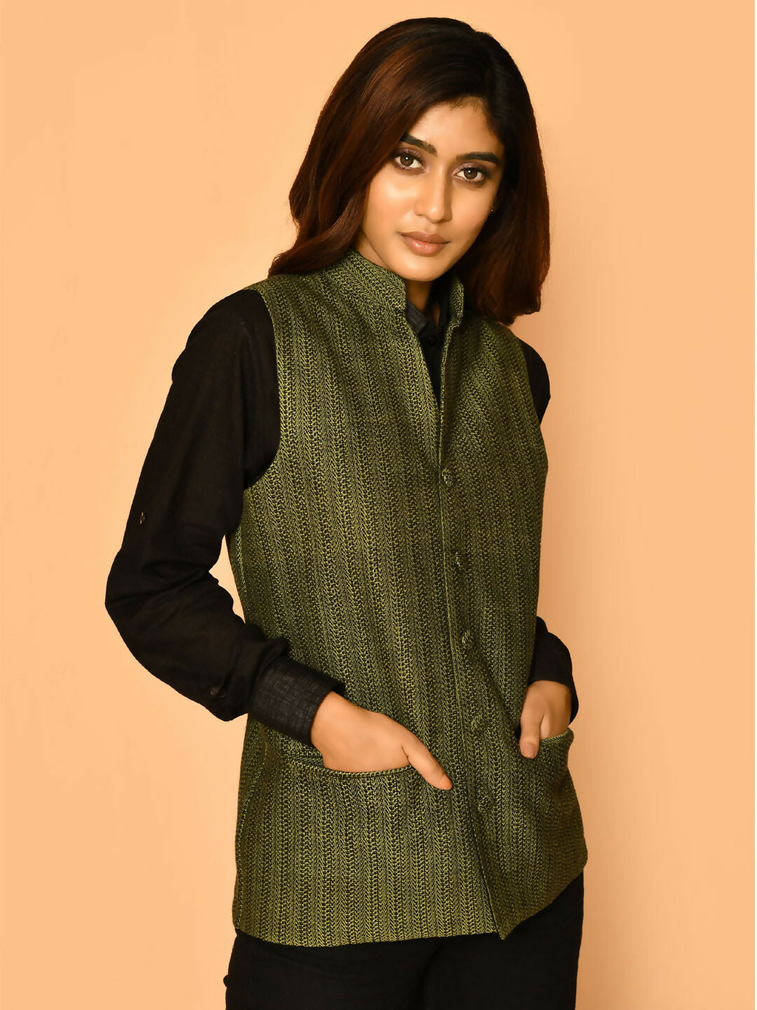 Olive Green Handloom Cotton Nehru Jacket for Women