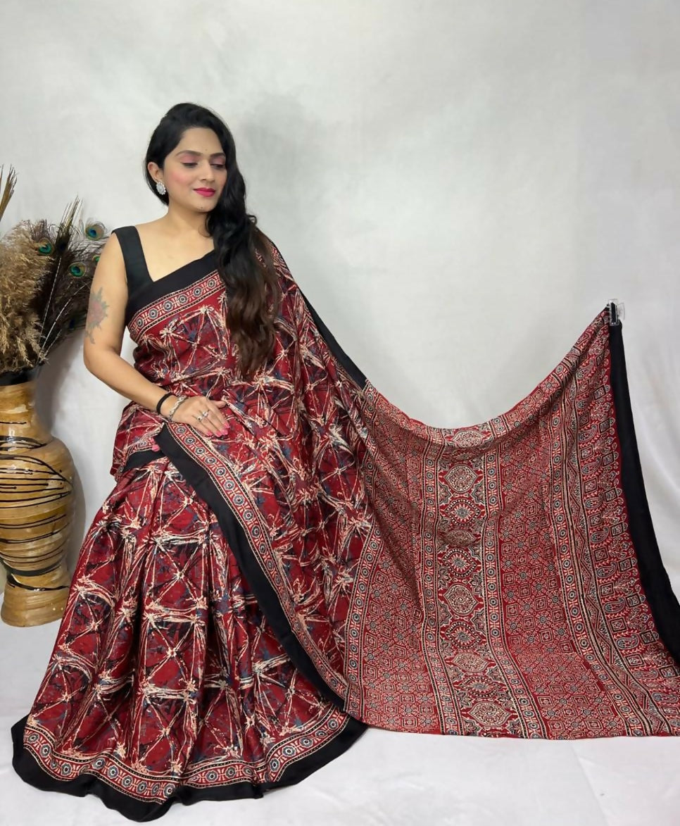 Modal Silk Ajrakh Saree – Maroon & Red Ajrakh Design
