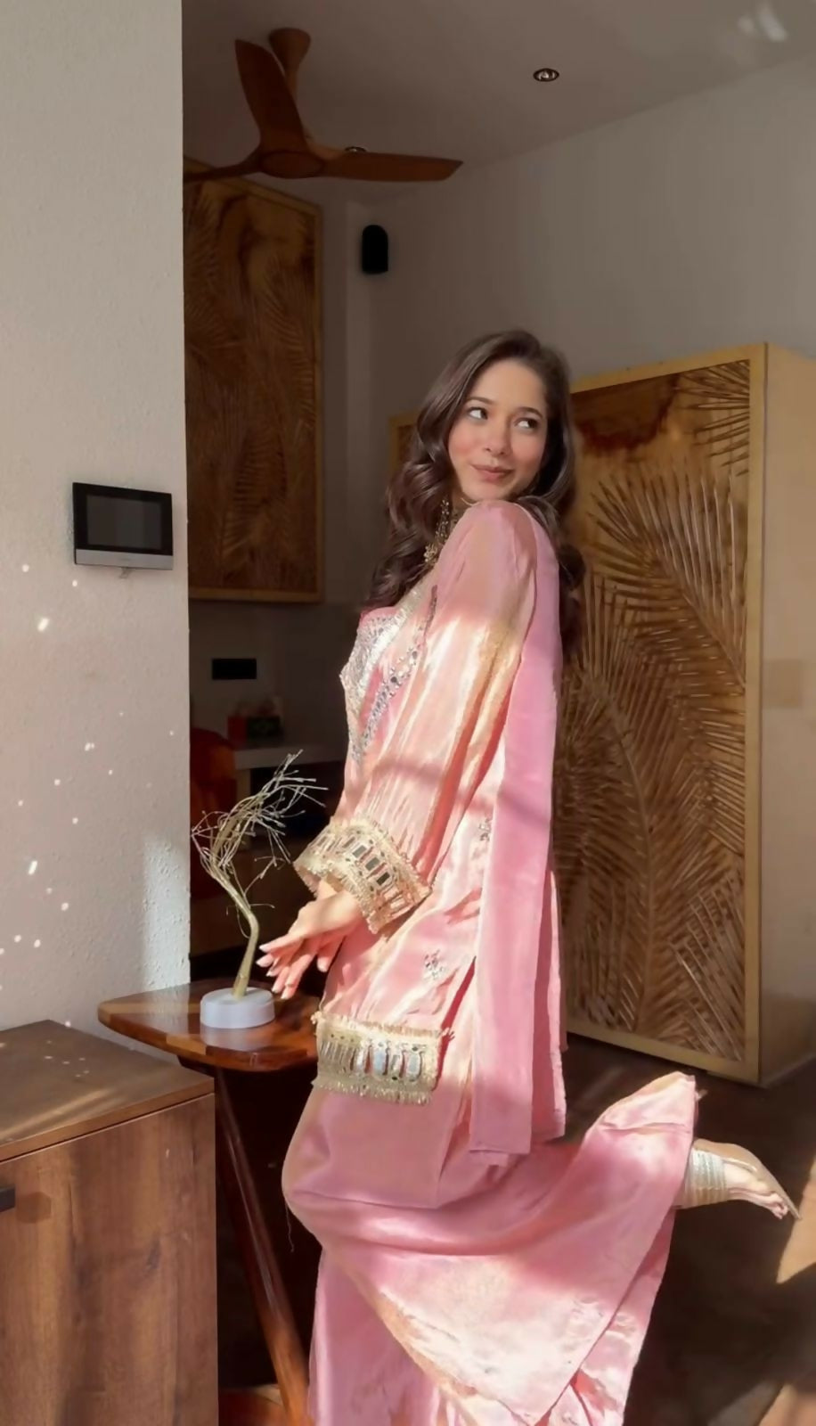 Women’s Fendy Silk Mirror Work Top, Sharara & Dupatta Set