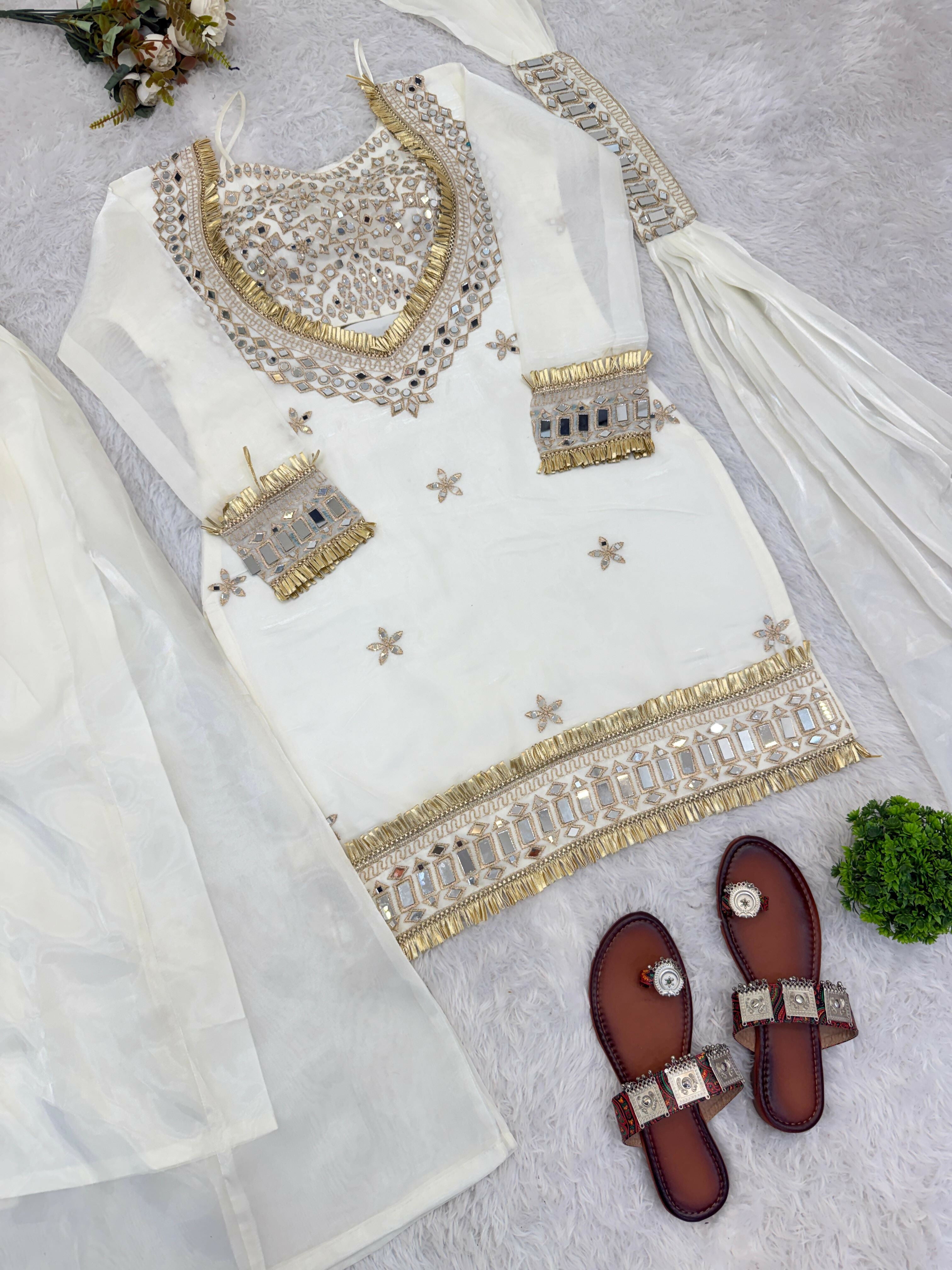Women’s Fendy Silk Mirror Work Top, Sharara & Dupatta Set