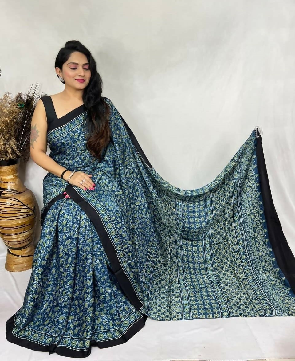 Modal Silk Ajrakh Saree – Teal Green Ajrakh Design