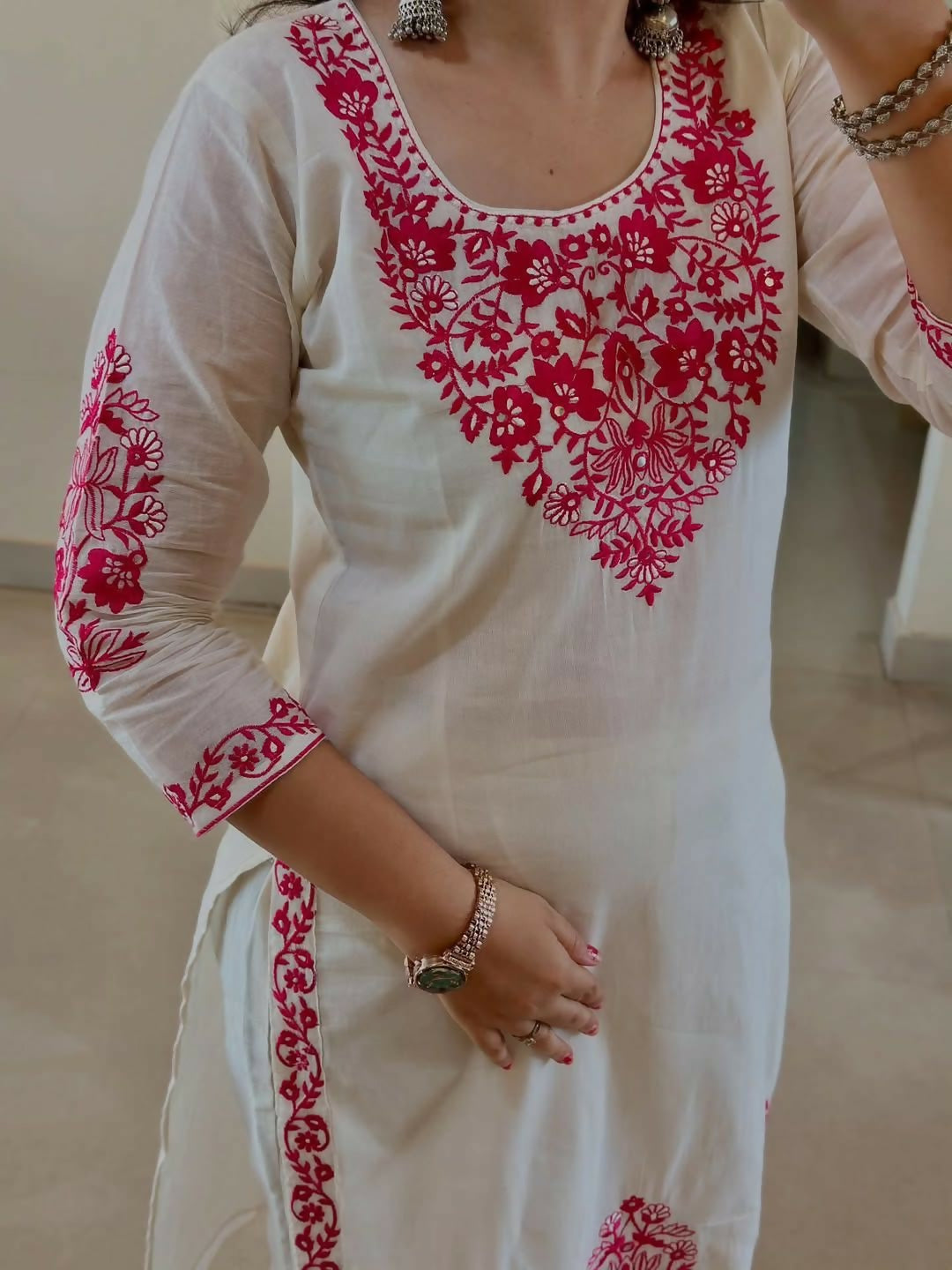 Roman Cotton Silk Embroidered Top, Pant & Dupatta Set
