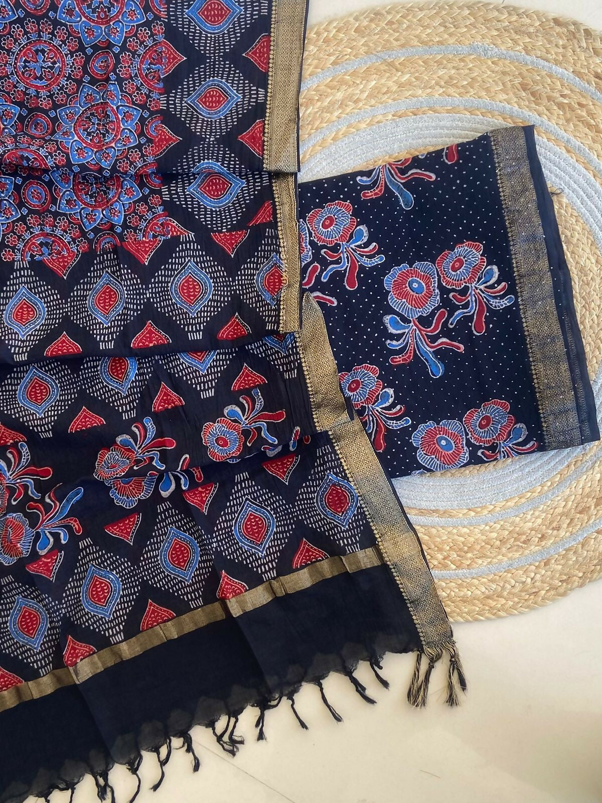 Ajrakh Mangalgiri Cotton Suit Fabric - Black Ajrakh Cotton Suit Fabric Online India