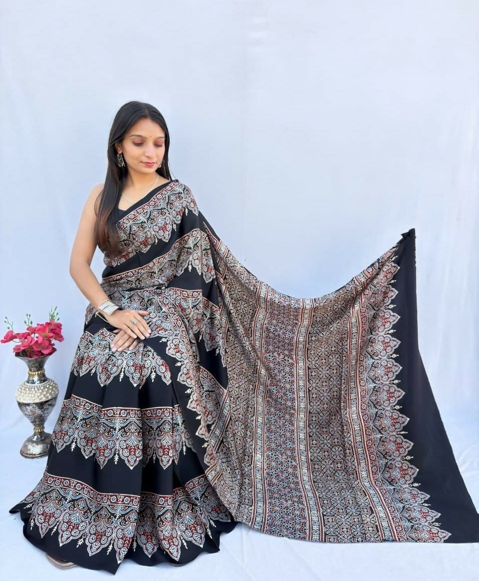 Modal Silk Ajrakh Saree – Black & Beige Ajrakh Print